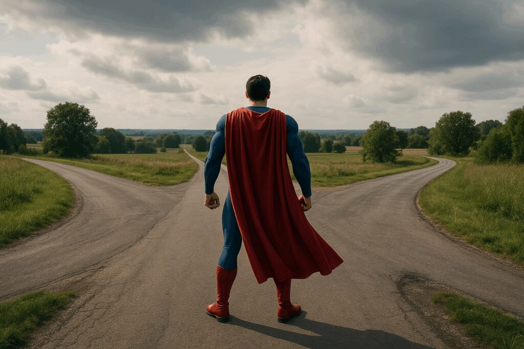 A powerful figure dressed in a superhero costume stands at a crossroads, contemplating the choices ahead. The scenic landscape features lush greenery and a cloudy sky, creating a dramatic backdrop.